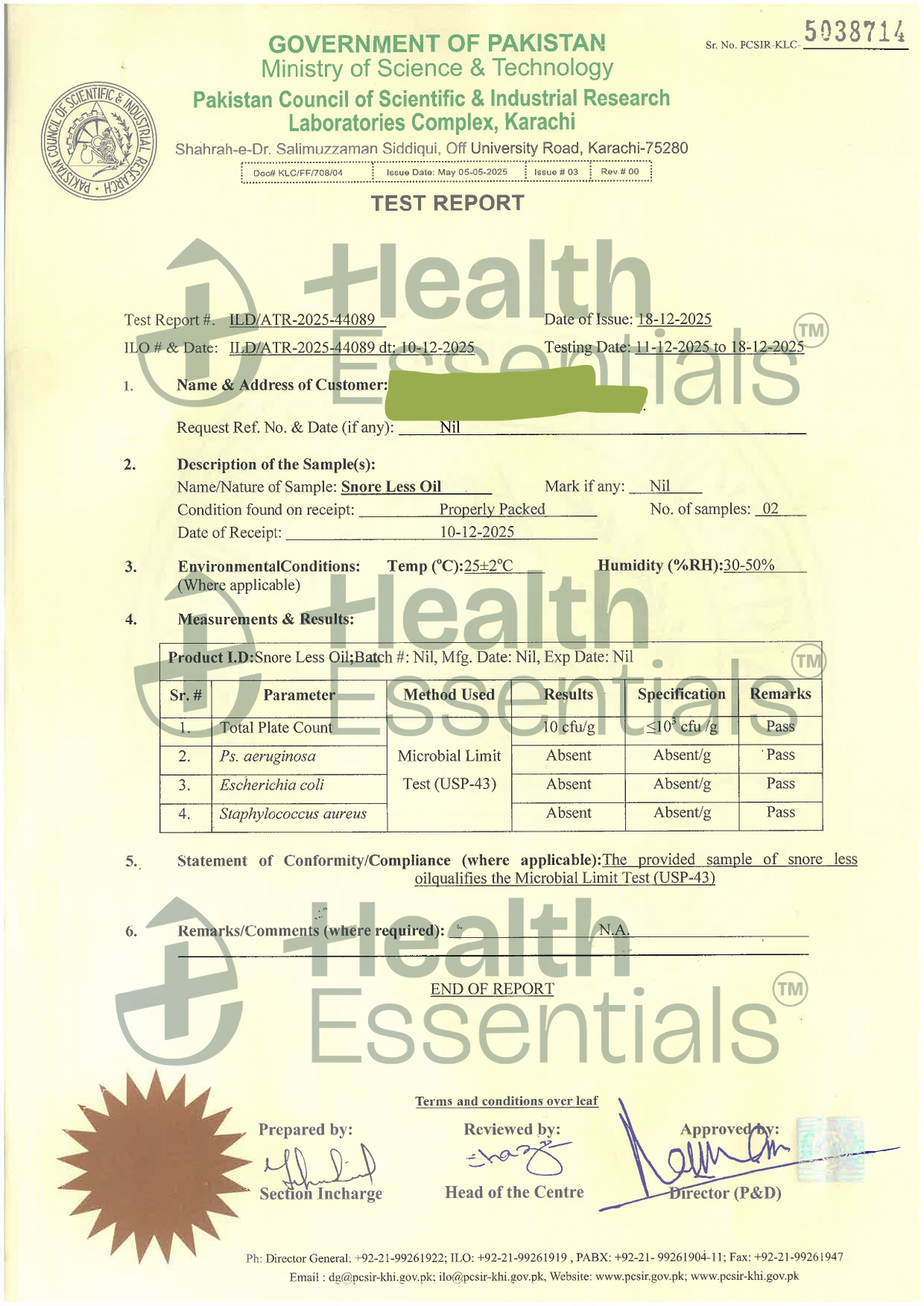 Lab Testing Certificate